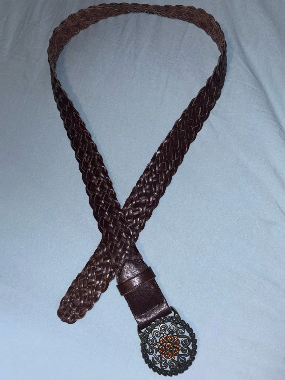 Genuine Leather Braided Belt Brown Western Boho Ornate Buckle M/L 43”